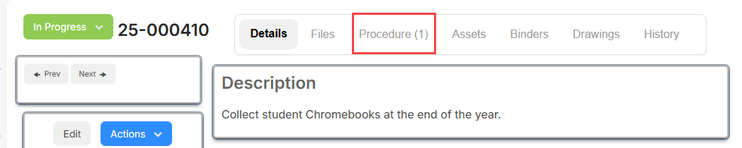 Request Details page with Procedure sub-tab highlighted